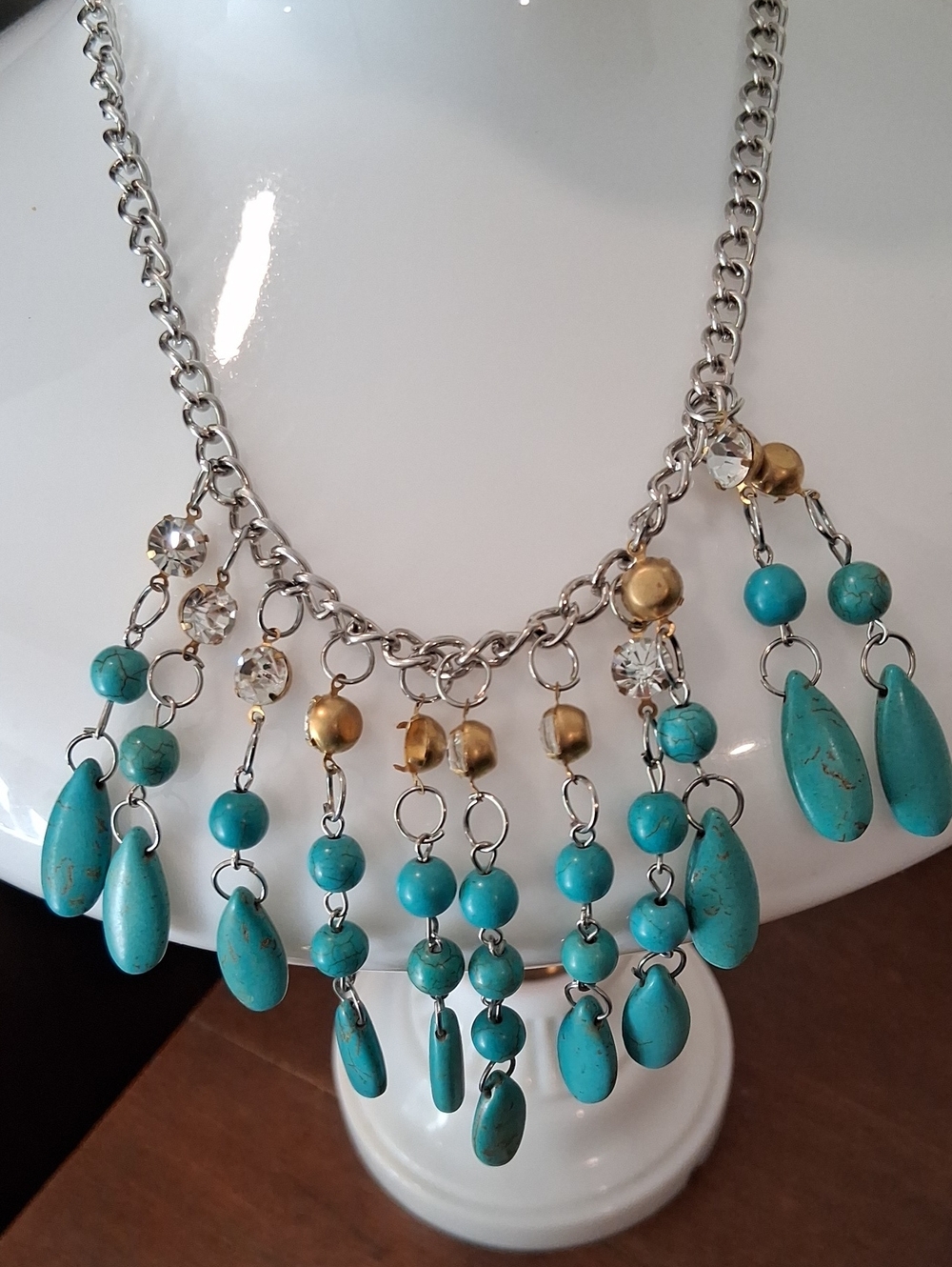 Turquoise Silvertone Beaded Fringe Necklace -
